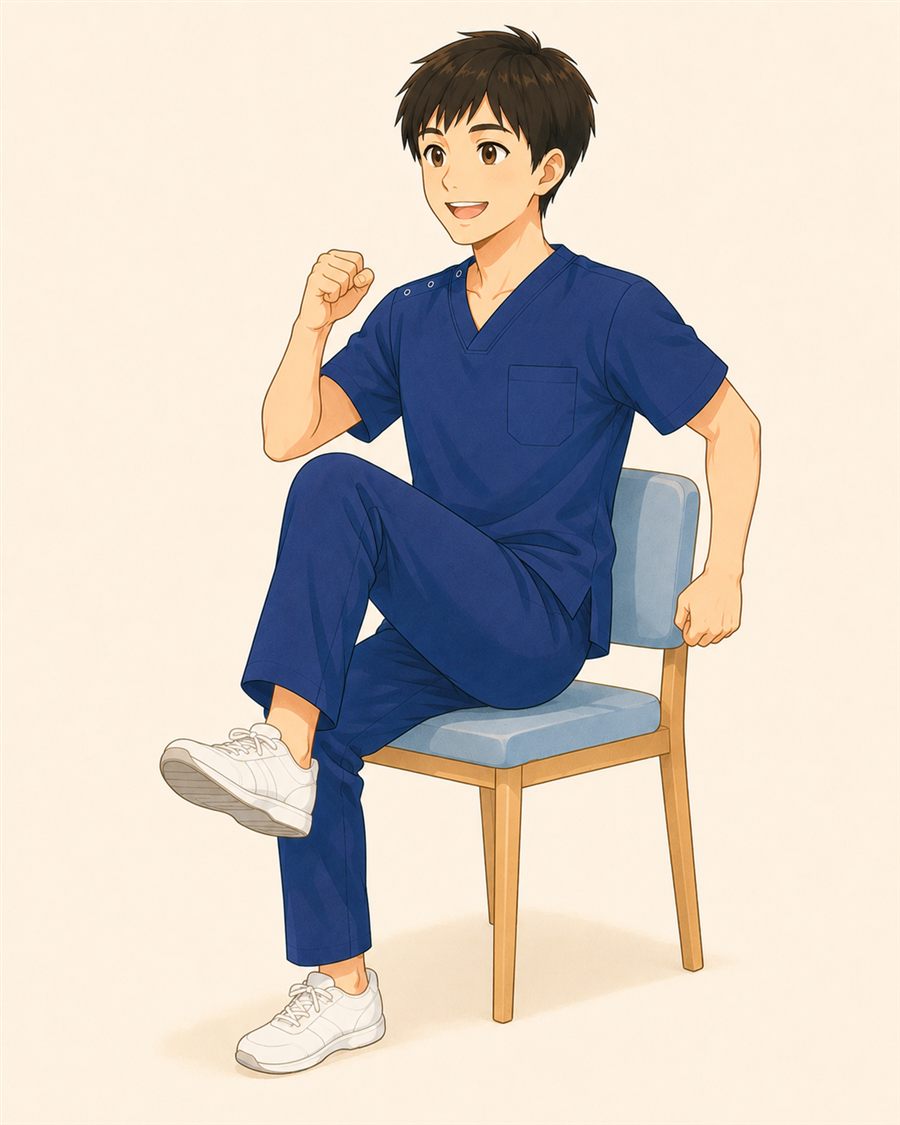 高齢者の座ってできる体操 椅子で足踏みをするタカ