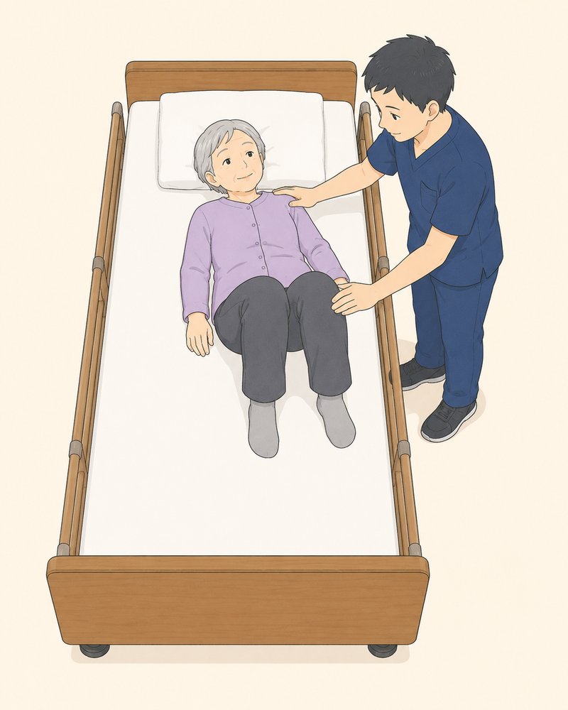 起き上がりの介助 仰向けで両膝を立てて横を向く