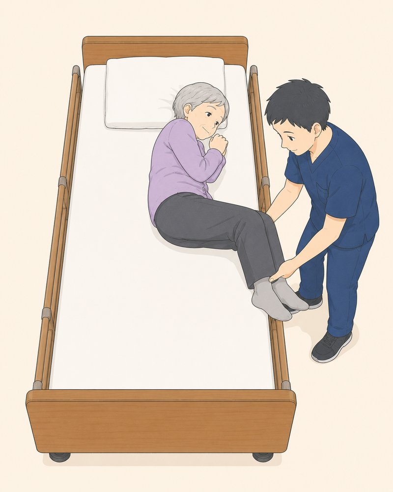 起き上がりの介助 横向きのまま両足をベッドの外へ下ろす