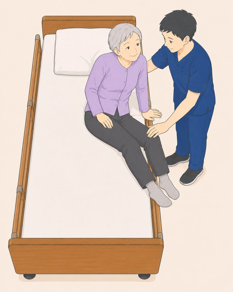 起き上がりの介助 ベッドの端に腰かけた姿勢