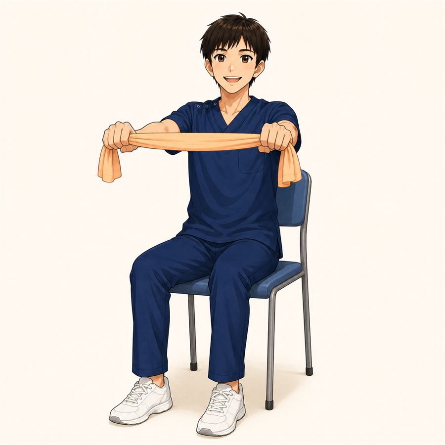 高齢者のタオル体操 タオルを胸の前で構えるタカ